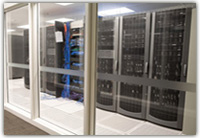 rack of data servers at co location facility